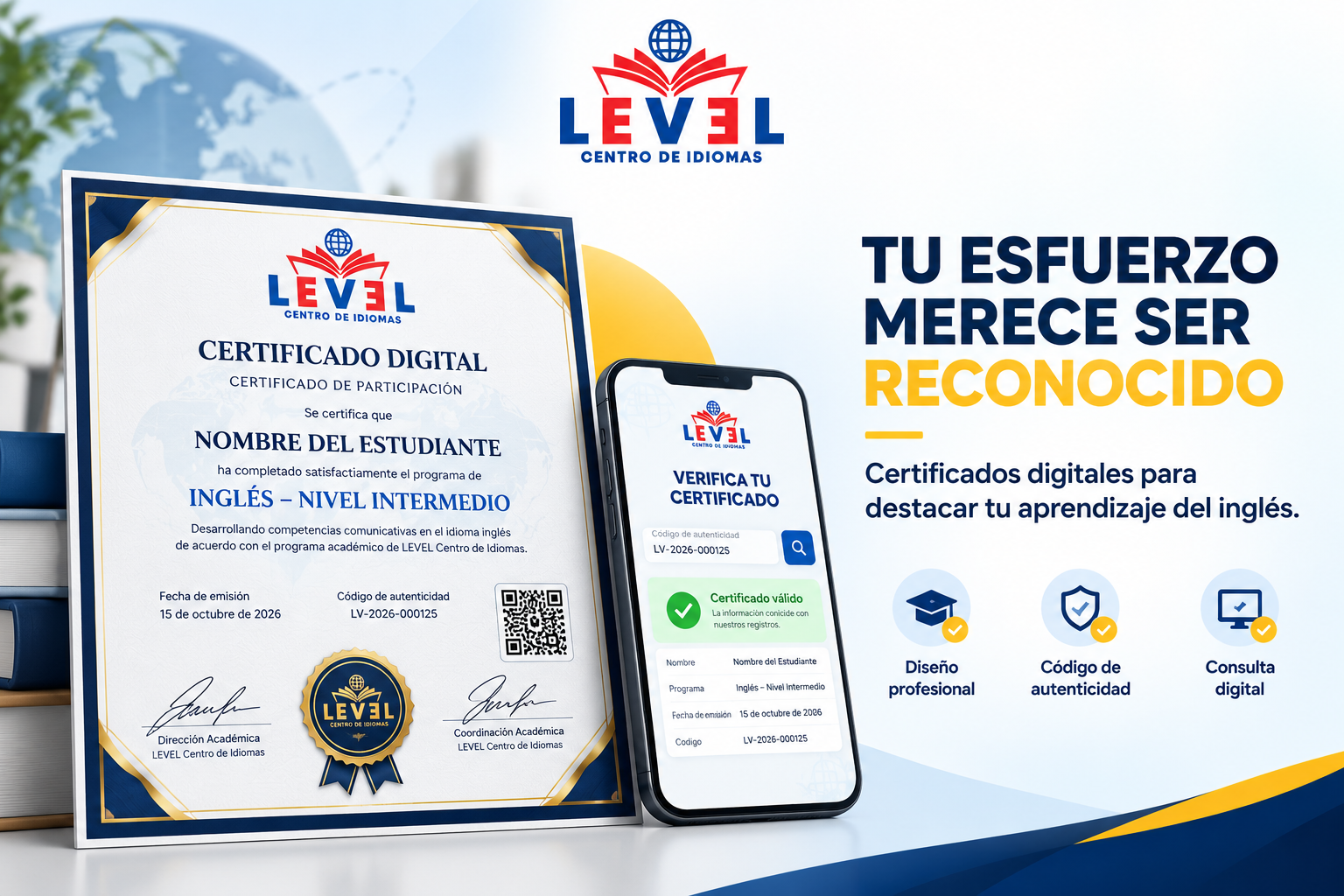 Modelo visual de certificación de LEVEL Centro de Idiomas